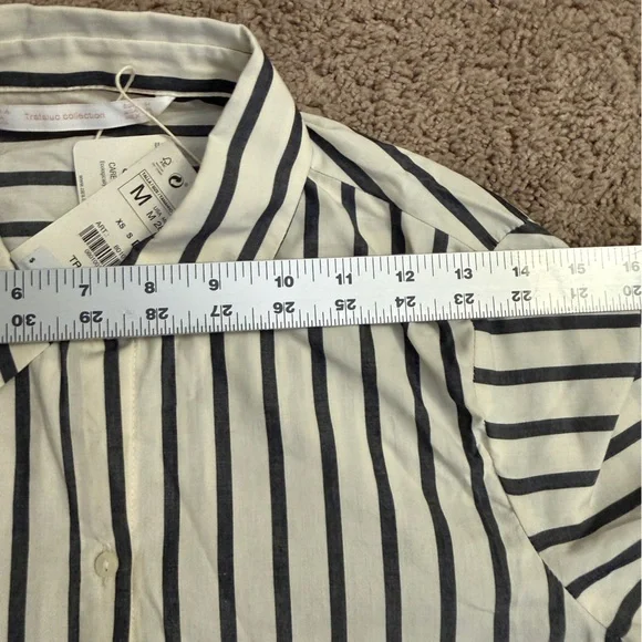 Zara Button Shirt Women size Medium Black Stripe Collar Short Sleeve Top - Picture 5 of 8